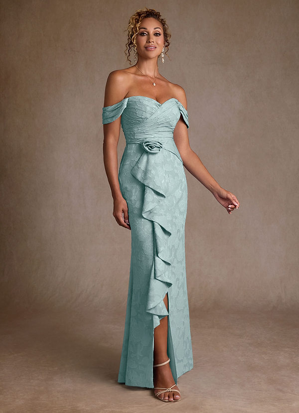 Azazie Irene Vestidos de Madre de la Novia Vestido de Neblina de Devorado Floral de Corte en A con Vestidos sin tirantes image1