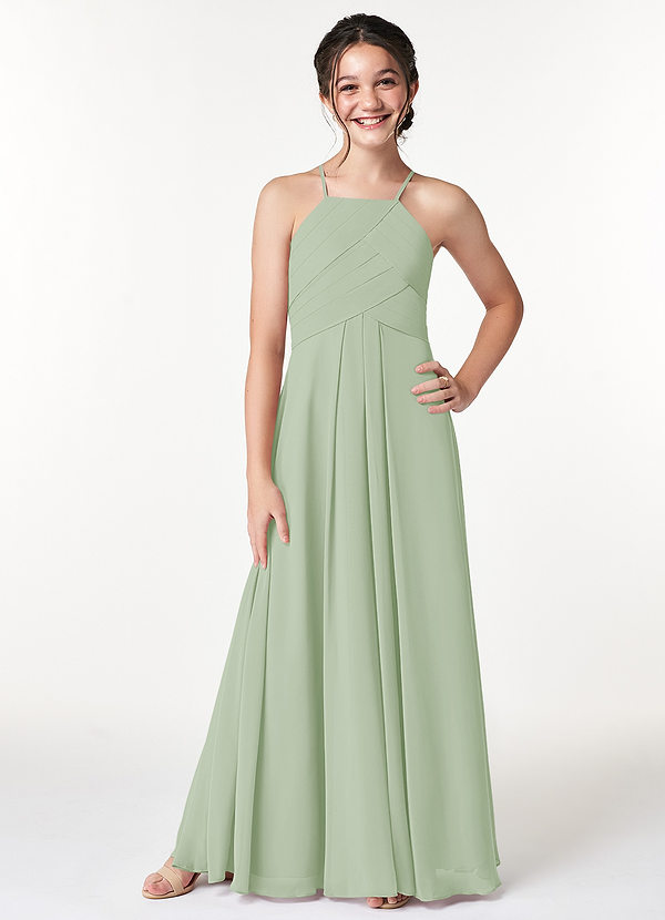 Azazie Ginger Junior Dusty Sage A-Line Pleated Chiffon Dress image1