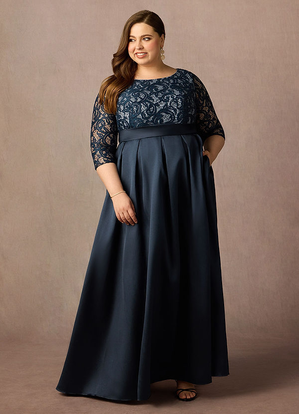 Azazie Delphi Brautmutterkleider A-Linie Pailletten Spitze Kleid Dunkelmarine Taubenblau image1