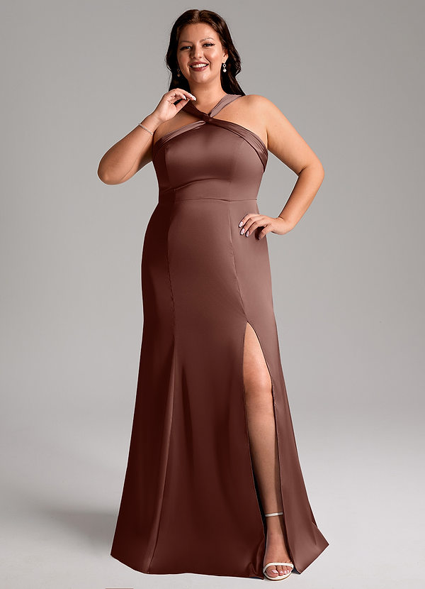 Azazie Rue Robes Demoiselle d'honneur Robe Trapèze en Satin extensible Plissée Expresso image1