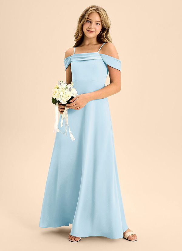 Azazie Anselie Junior Jurk van Stretch Satijn met A-Lijn Off the Shoulder Hemelsblauw image1
