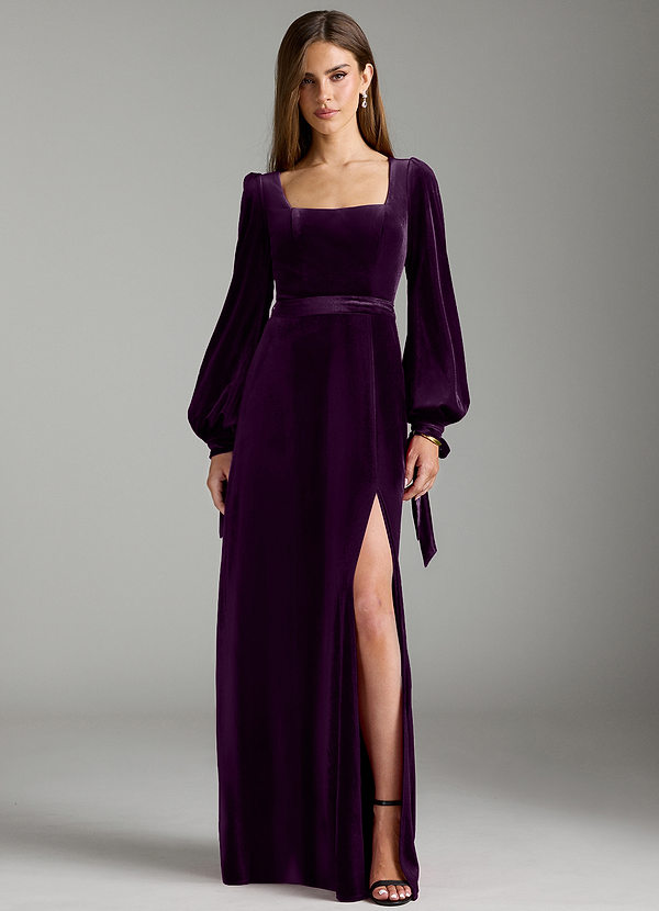 Azazie Leonia Robes Demoiselle d'honneur Robe Trapèze en velours Manche longue Grain De Raisin image1