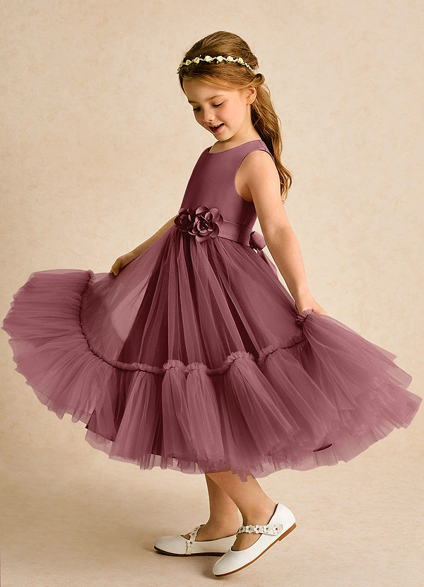Azazie Miracle Vestidos de Niña de Flores Vestido de Rosa Del Desierto de Satin Mate de Corte En A con Lazo image1