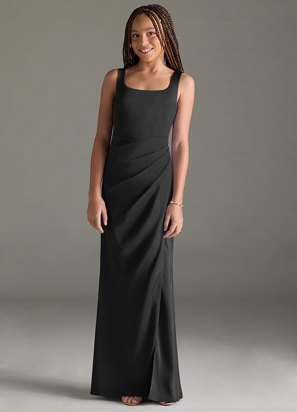 Azazie Mero Junior Black Mermaid Pleated Stretch Satin Dress image1