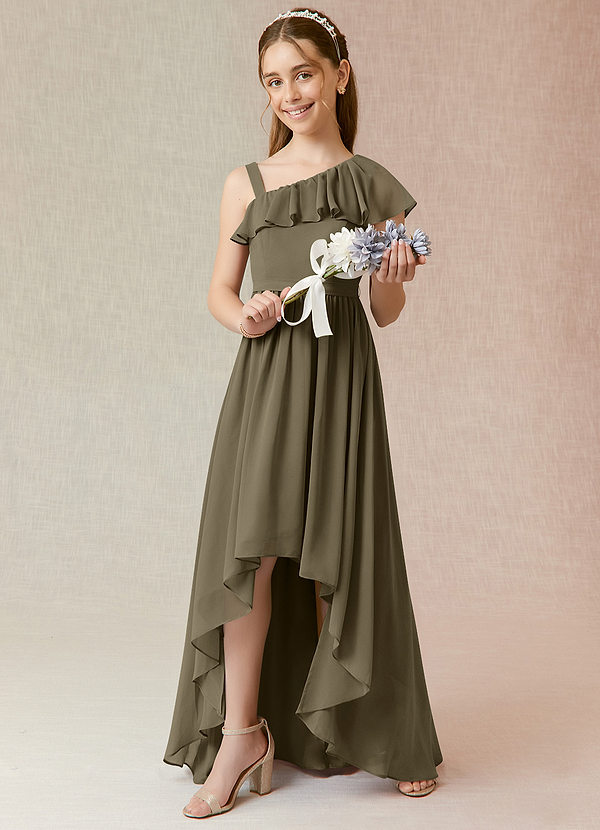 Azazie Mango Junior Robe Trapèze en Mousseline de soie Rayé Vert Saule image1