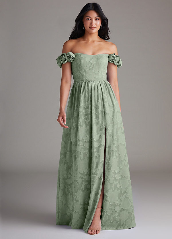 Azazie Autumn Robes Demoiselle d'honneur Robe Trapèze Convertible en Blumen-Burnout Épaule décolletée Agave image1