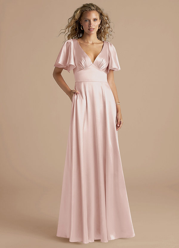 Azazie Kimber Bridesmaid Dresses Blushing Pink A-Line Ruched Metallic Satin Dress image1