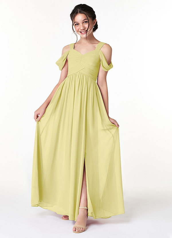 Azazie Lianne Junior Lemon Sorbet A-Line Off the Shoulder Chiffon Dress image1
