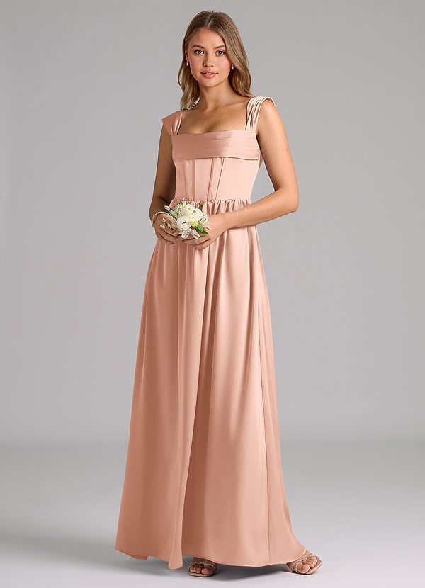Azazie Hattie Bridesmaid Dresses Rose Gold A-Line Corset Stretch Satin Dress image1