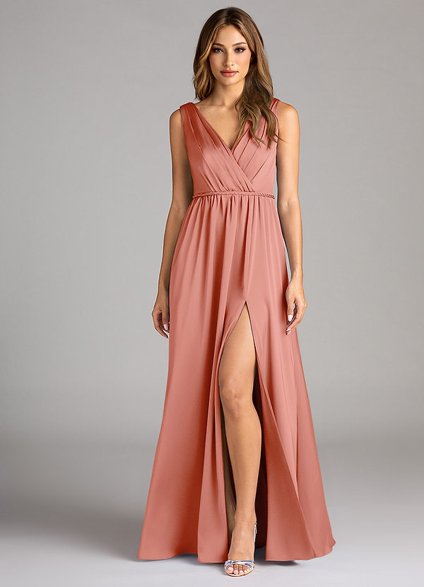 Azazie Tanicia Robes Demoiselle d'honneur Robe Trapèze en Satin extensible Plissée Corail image1
