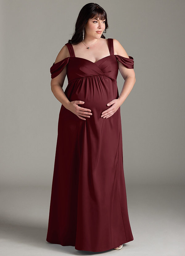Azazie Rhea Robe demoiselle d'honneur enceinte Robe Trapèze Épaule nue plissée Longueur ras du sol Satin extensible image1