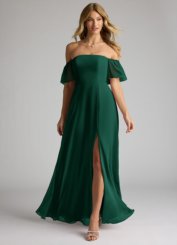 Azazie Sue Bridesmaid Dresses Emerald A-Line Off the Shoulder Chiffon Convertible Dress image1