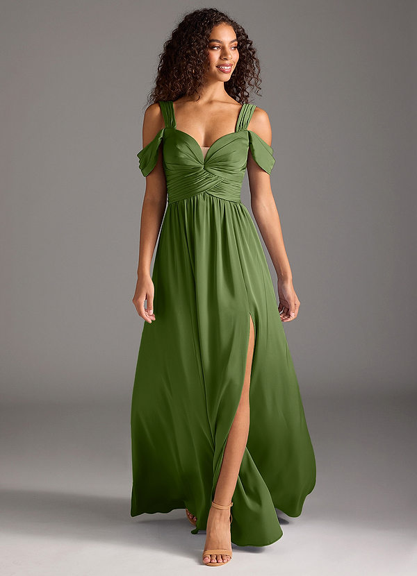 Azazie Lianne Robes de demoiselle d'honneur Robe Trapèze en Satin extensible Épaules dénudées Genévrier image1