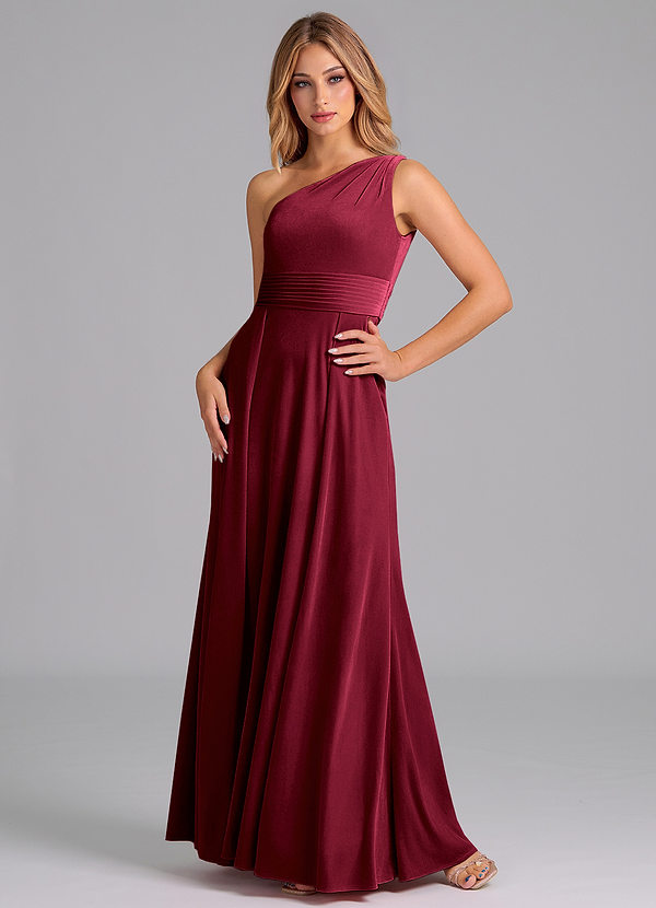 Azazie Dallas Robes Demoiselle d'honneur Robe Trapèze en velours Ue épaule Bourgogne image1