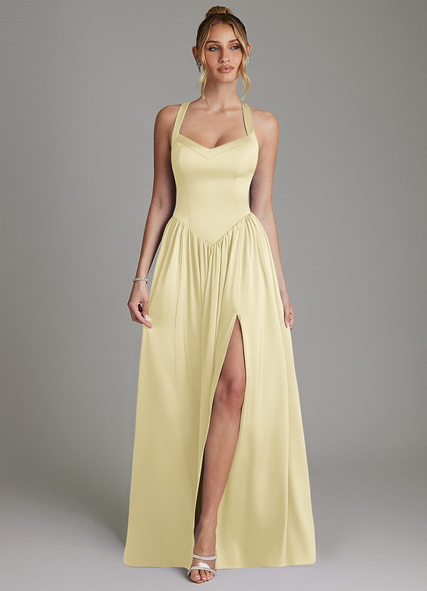 Azazie Francis 신부 들러리 드레스 A라인 코르셋 스트레치 새틴 바닥 길이 드레스 image1