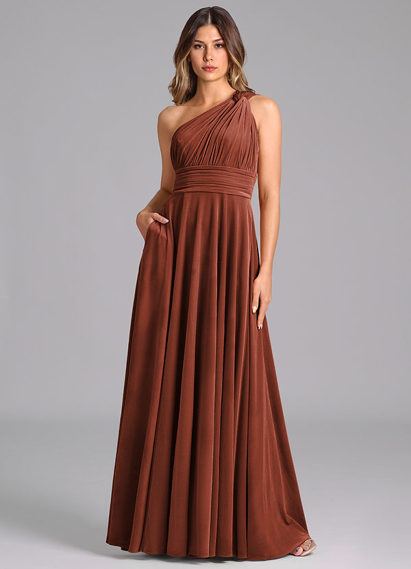 Azazie Charlize Bridesmaid Dresses Terracotta A-Line One Shoulder Velvet Dress image1