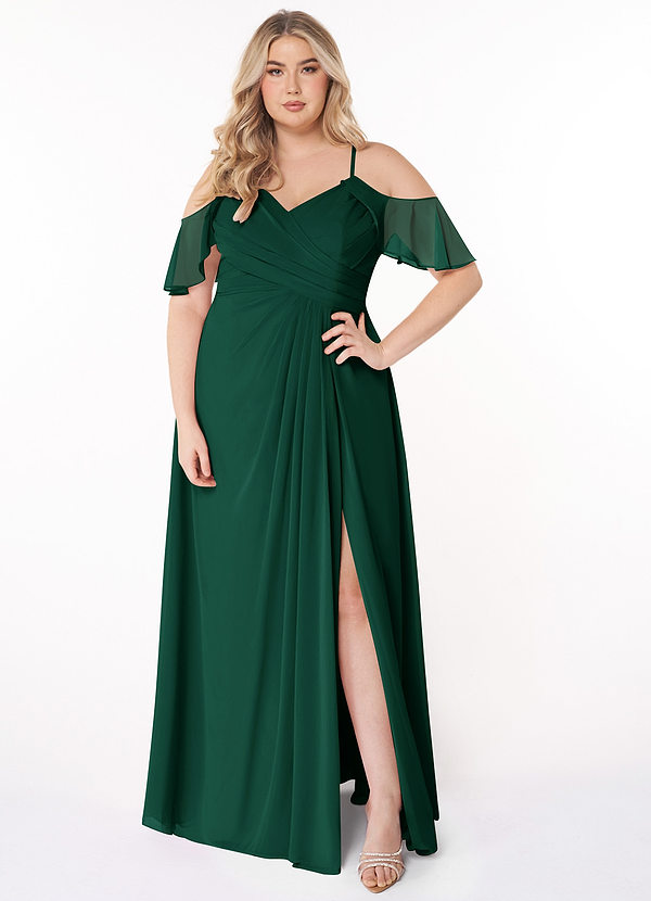 Azazie Dakota Bridesmaid Dresses Emerald A-Line V-Neck Pleated Chiffon Dress image1