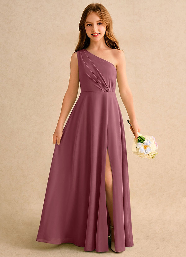 Azazie Puddles Girls Formal Robes de cortège enfant Robe Trapèze en Mousseline de soie Asymétrique Rose Du Désert image1