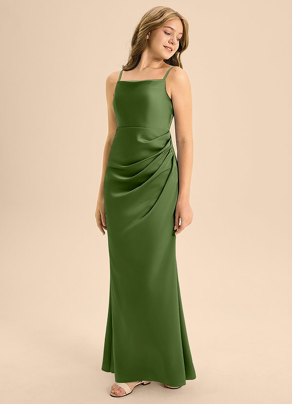 Azazie Renna Junior Juniper A-Line Pleated Stretch Satin Dress image1