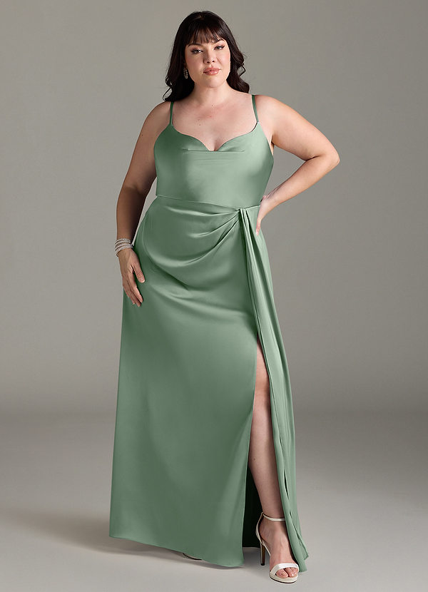Azazie Brielle Bridesmaid Dresses Matcha A-Line Cowl Spaghetti Straps Stretch Satin Dress image1