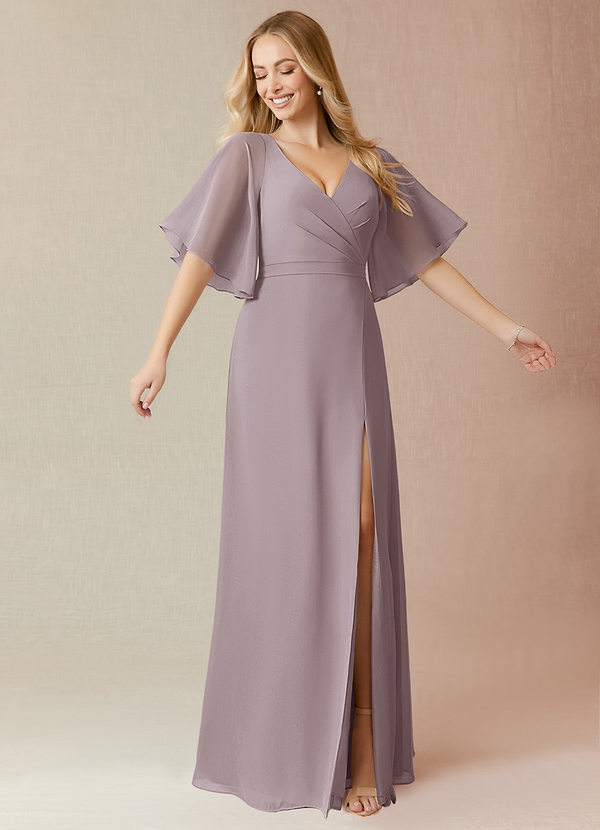 Azazie Cierra Brautjungfernkleider A-Linie V-Hals Chiffon Kleid Dämmerung image1