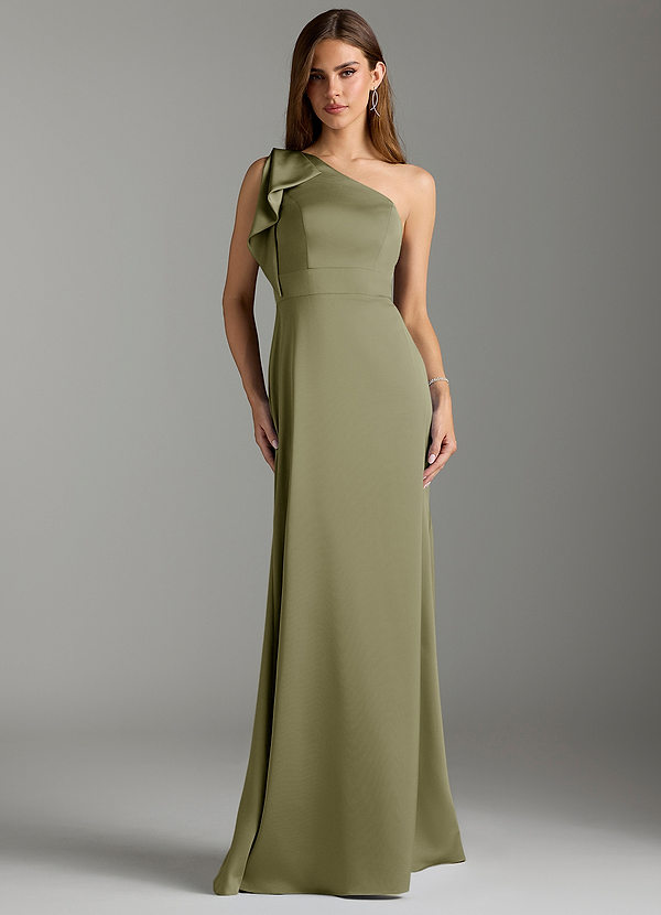 Azazie Rinna Bridesmaid Dresses Pistachio Mermaid Ruched Stretch Satin Dress image1