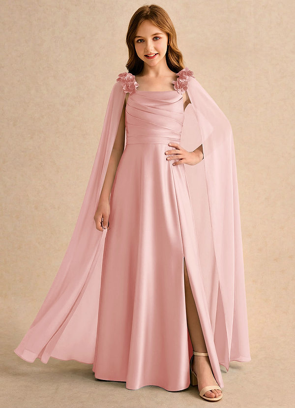 Azazie Rosita Girls Formal Flower Girl Dresses Powder Pink A-Line Pleated Stretch Satin Dress image1