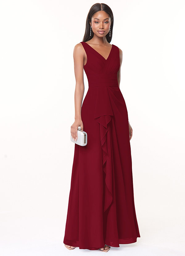 Azazie Julianna Bridesmaid Dresses Burgundy A-Line Chiffon Dress image1
