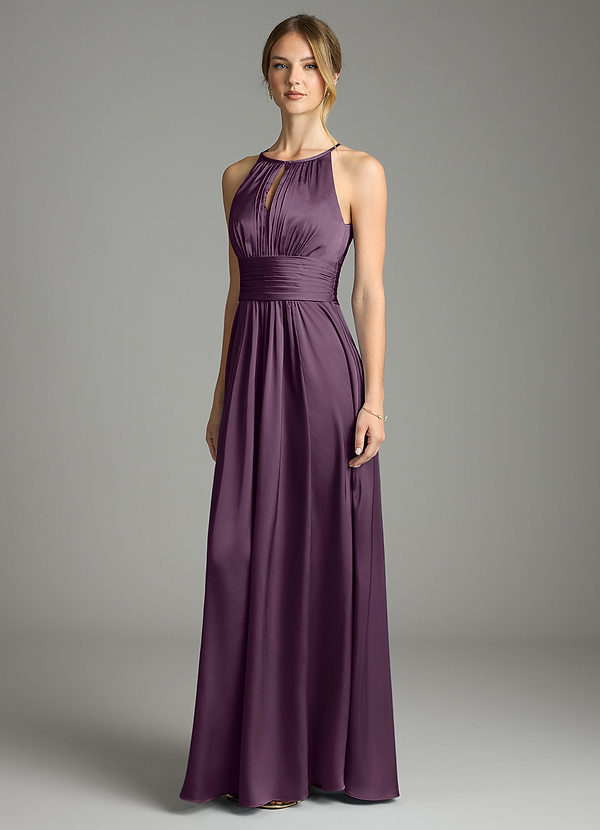 Azazie Bonnie Bridesmaid Dresses Plum A-Line Pleated Stretch Satin Dress image1