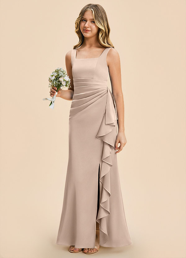 Azazie Adrienne Junior English Rose Sheath Pleated Stretch Satin Dress image1