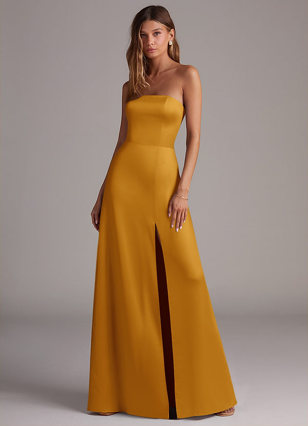 Azazie Wren 신부 들러리 드레스 A라인 스트랩리스 스트레치 새틴 바닥 길이 드레스 image1