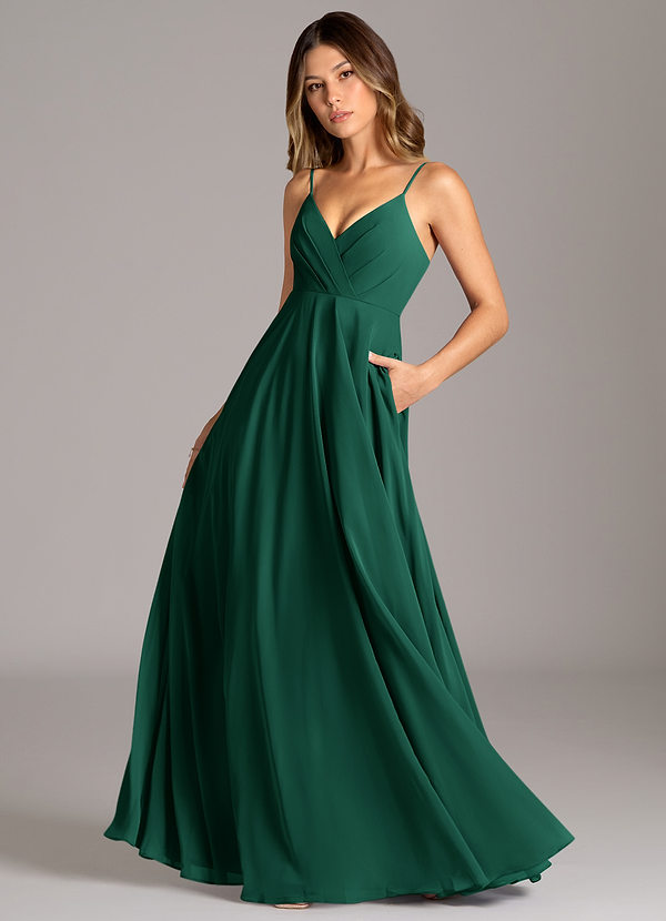 Azazie Amani Bridesmaid Dresses Emerald A-Line Pleated Chiffon Dress image1