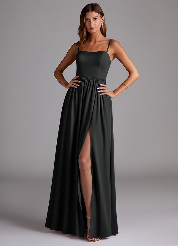 Azazie Calianna Bridesmaid Dresses Black A-Line Off the Shoulder Stretch Satin Convertible Dress image1