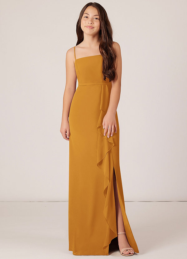 Azazie Kaylee Junior Butterscotch A-Line with Belt Chiffon Dress image1