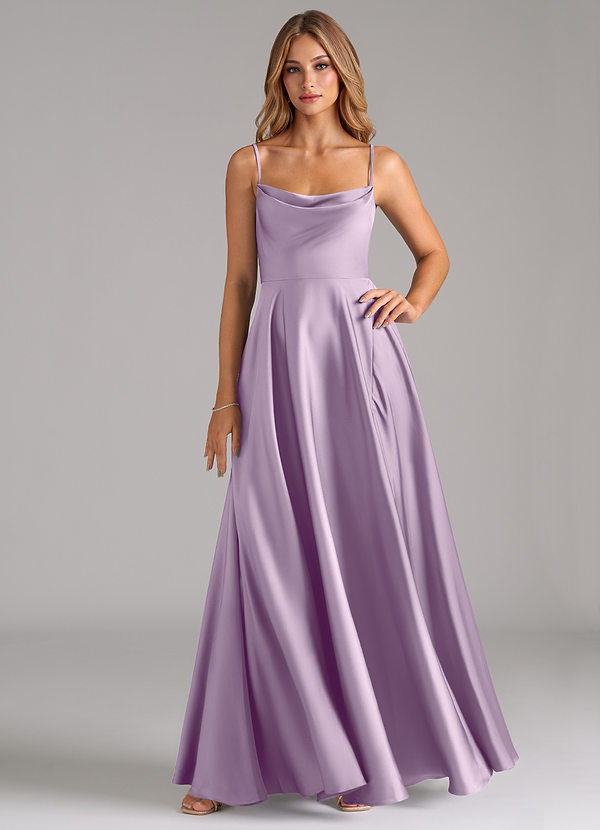 Azazie Elle Bridesmaid Dresses Frosted Lilac A-Line Pleated Stretch Satin Dress image1