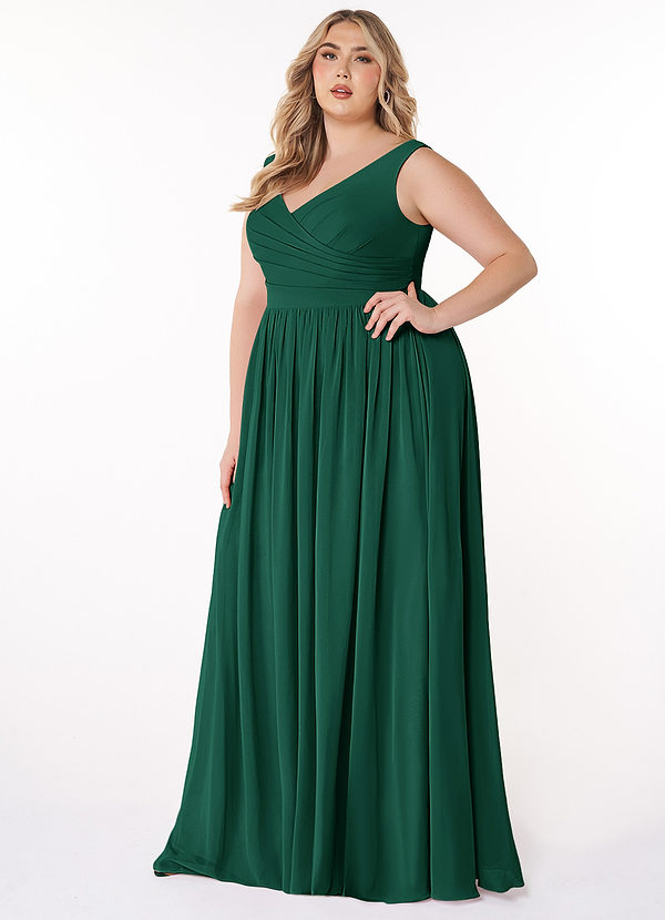 Azazie Keyla Bridesmaid Dresses Emerald A-Line V-Neck Pleated Chiffon Dress image1