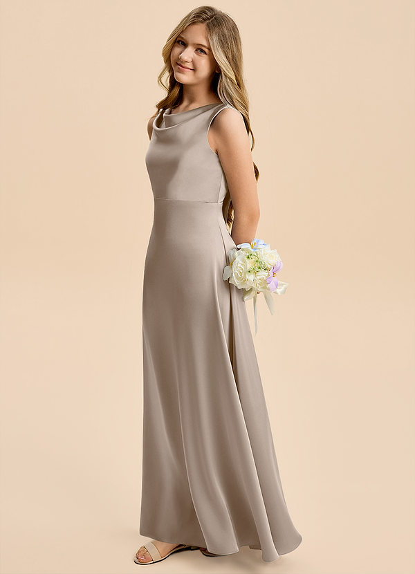 Azazie Kiki Junior Taupe A-Line Bow Stretch Satin Dress image1