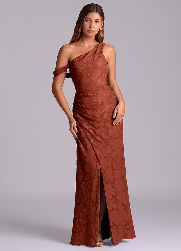 Azazie Madelyn Robes Demoiselle d'honneur Robe Sirène Convertible en Blumen-Burnout Ue épaule Terracotta image1