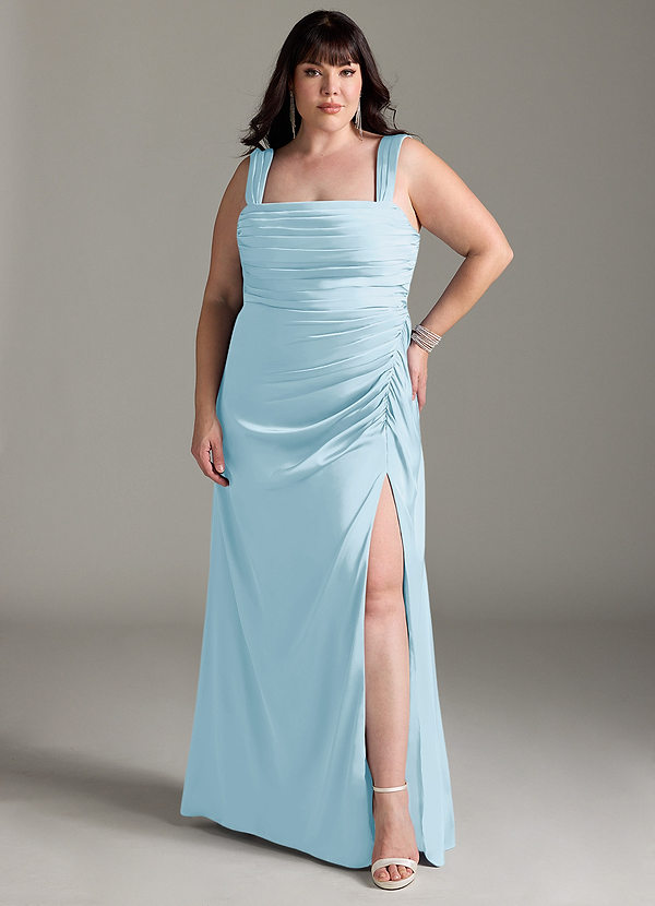 Azazie Jesaphine Bruidsmeisjes Jurken Jurk van Stretch Satijn met Kolom Boog Hemelsblauw image1