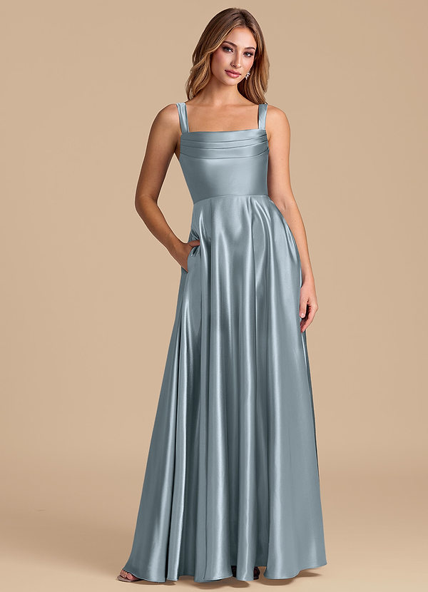 Azazie Shaude 신부 들러리 드레스 A라인 주름진 메탈릭 새틴 바닥 길이 드레스 image1