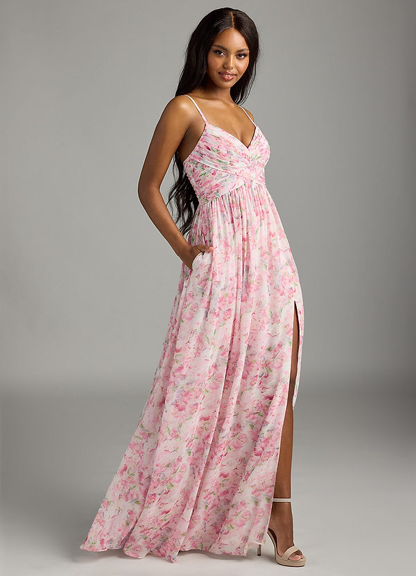 Azazie Alia Bridesmaid Dresses Abstract Watercolor Floral A-Line Pleated Chiffon Dress image1