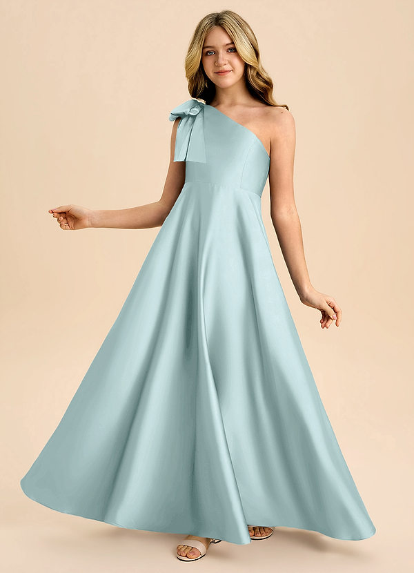 Azazie Penguin Junior Abito A-Line in Raso Elasticizzato Fiocco Sea Glass image1