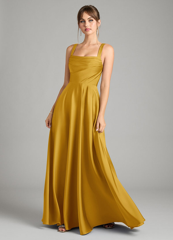Azazie Shaude Bridesmaid Dresses Butterscotch A-Line Pleated Stretch Satin Dress image1
