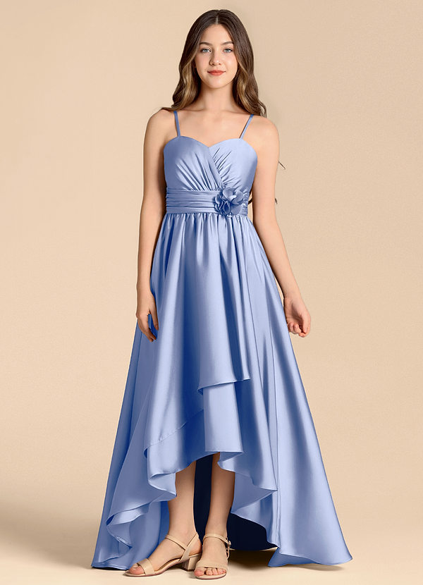 Azazie Catalina Junior A라인 스윗하트 네크라인 스트레치 새틴 비대칭 주니어 신부 들러리 드레스 image1