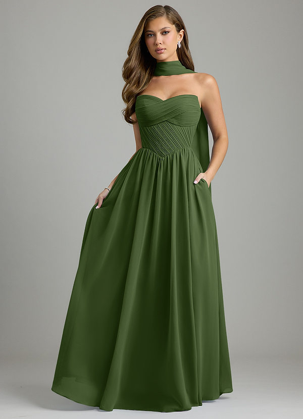 Azazie Tammy Bridesmaid Dresses Olive A-Line Corset Chiffon Dress image1
