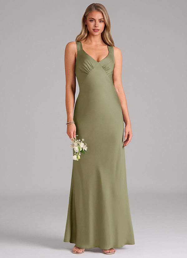 Azazie Kamila Bridesmaid Dresses Pistachio A-Line Pleated Stretch Satin Dress image1
