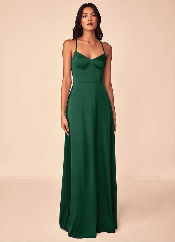 Azazie Mei Brautjungfernkleider A-Linie V-Hals Stretch-Satin Kleid Dunkelgrün image1