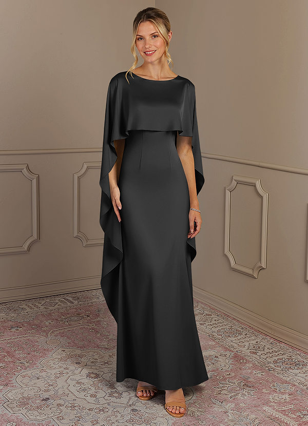 Azazie Eli Mother of the Brides Dresses Black Sheath Boatneck Stretch Satin Dress image1