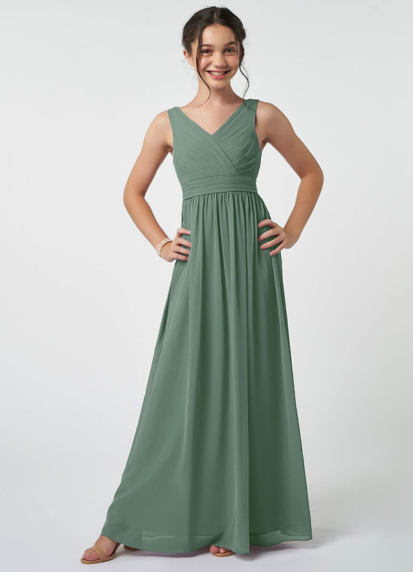 Azazie Kora Junior Eucalyptus A-Line Pleated Chiffon Dress image1