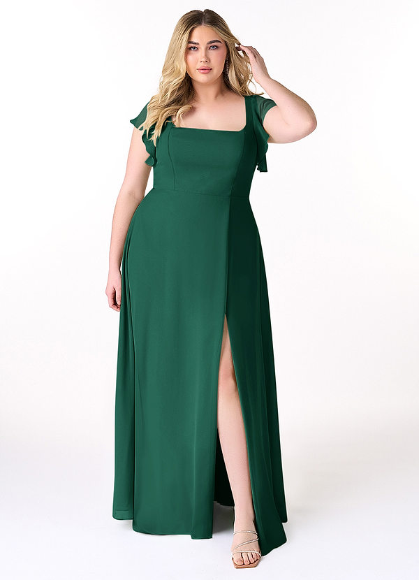 Azazie Bondi Bridesmaid Dresses Emerald A-Line Ruffled Chiffon Dress image1